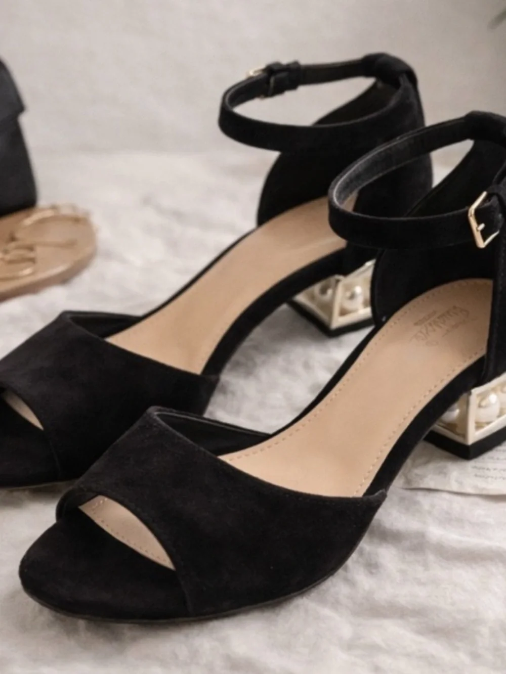 NWOT Black Suede Sandals Pearl Block Heel Ankle Strap Dress Shoes 7